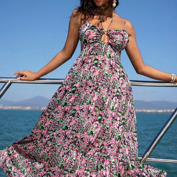 Boho Women's Plant Pattern Print Backless Spaghetti Strap Dress - Picture 2 of 6